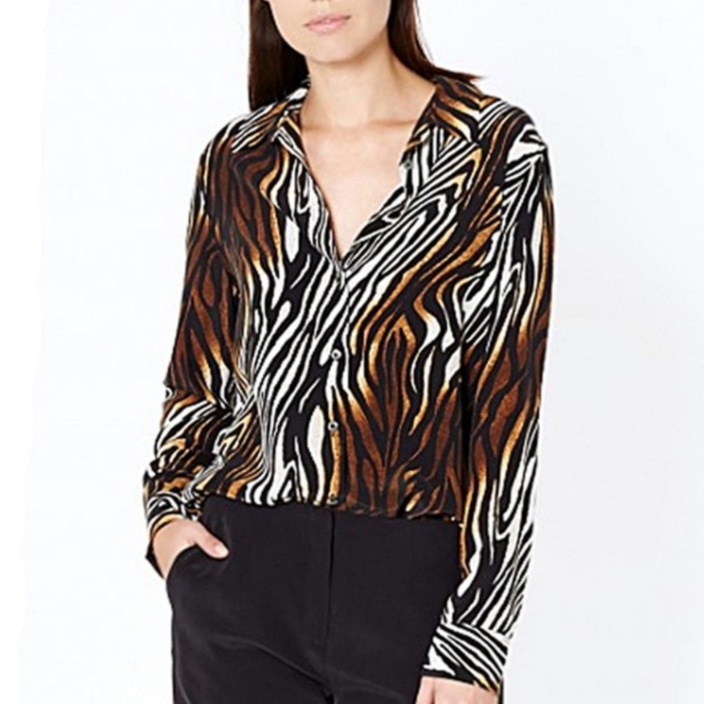 Equipment Femme Reese 100% Silk Blouse Clean Zebra Animal Print Fall Sz Large